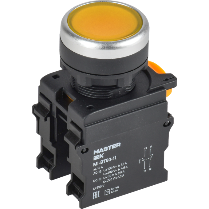 Кнопка IEK MASTER MI-BT60-11-3-22-K05 d=22мм 1NO+1NC жёлтая MI-BT60-11-3-22-K005